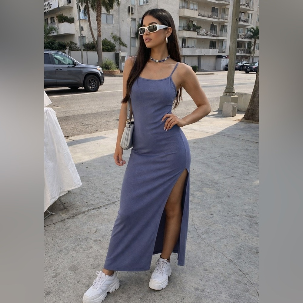 Steel blue maxi bodycon slip dress spaghetti straps